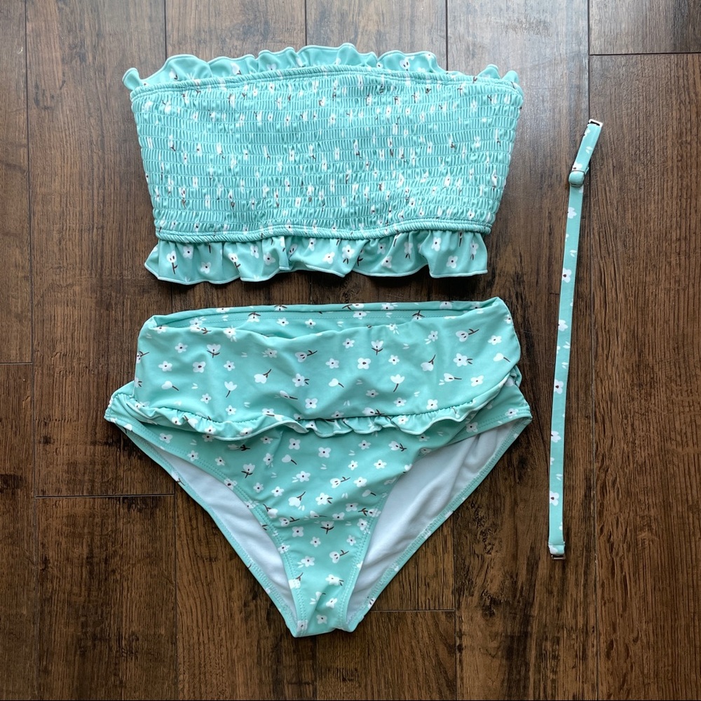 Blue Floral ruffle High Waisted Bandeau Bikini
